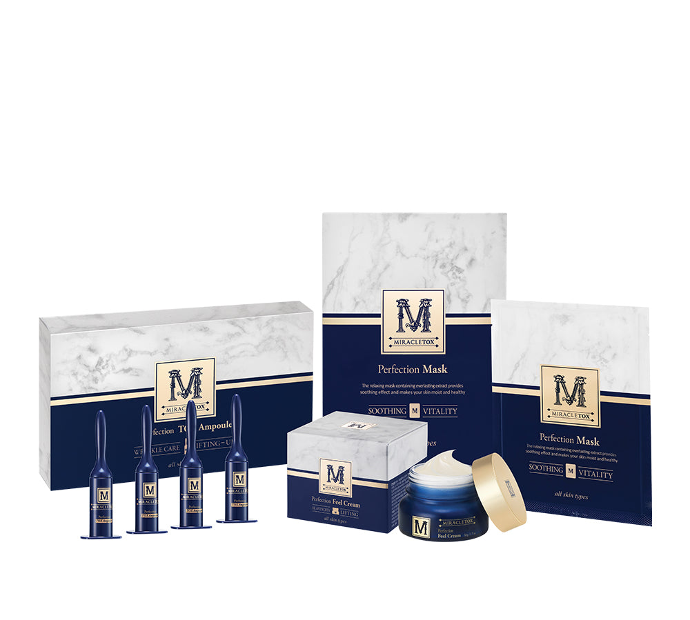 Experience Radiant and Hydrated Skin: Shop the MIRACLETOX Perfection Set for Wrinkle Reduction and Brightening with Marine Protein Capsules.